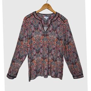 J. Jill Top Womens Large Pink Floral Paisley Velvet Trim Split V Neck Boho Tunic
